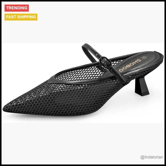 Mesh Kitten Heels with Adjustable Strap Slip On Pumps - Picture 1 of 7